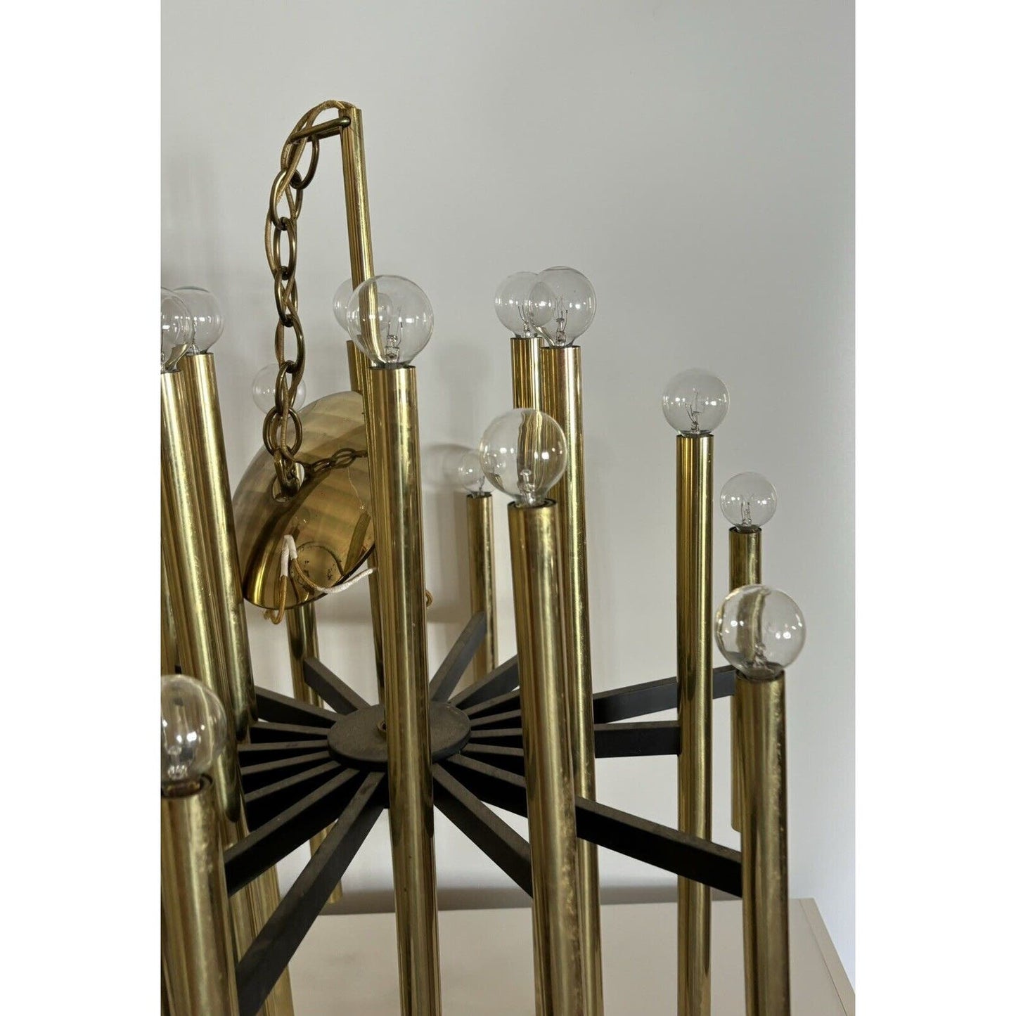 Mid Century Rectilinear Brass and Lucite 18 Tube Chandelier 1963