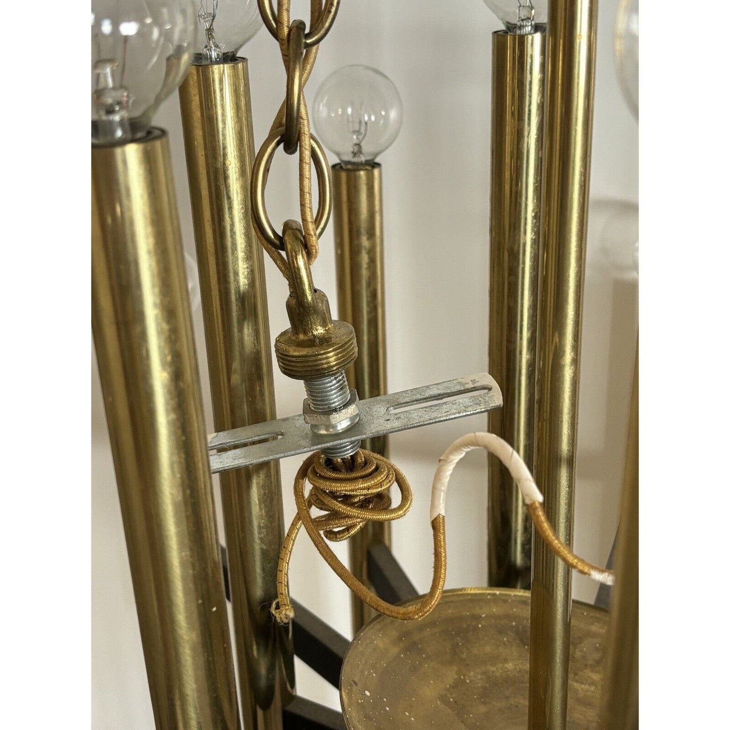 Mid Century Rectilinear Brass and Lucite 18 Tube Chandelier 1963