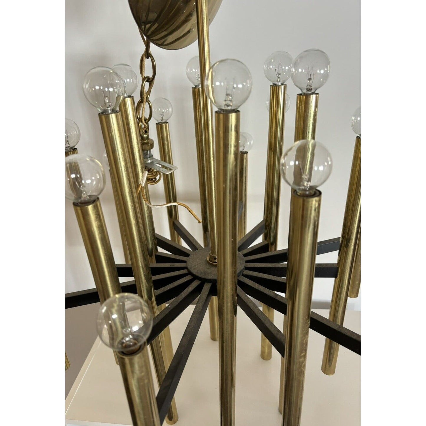 Mid Century Rectilinear Brass and Lucite 18 Tube Chandelier 1963