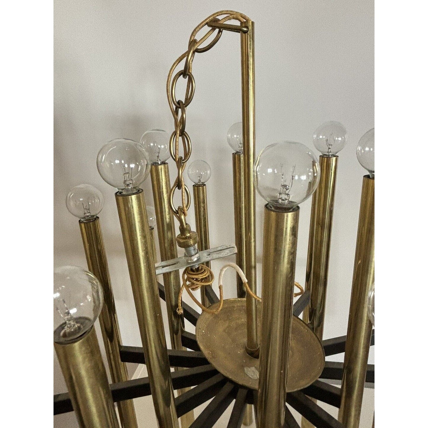 Mid Century Rectilinear Brass and Lucite 18 Tube Chandelier 1963