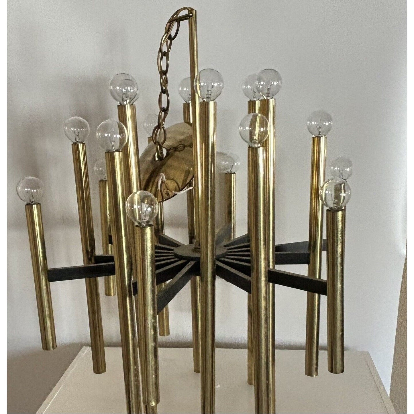 Mid Century Rectilinear Brass and Lucite 18 Tube Chandelier 1963