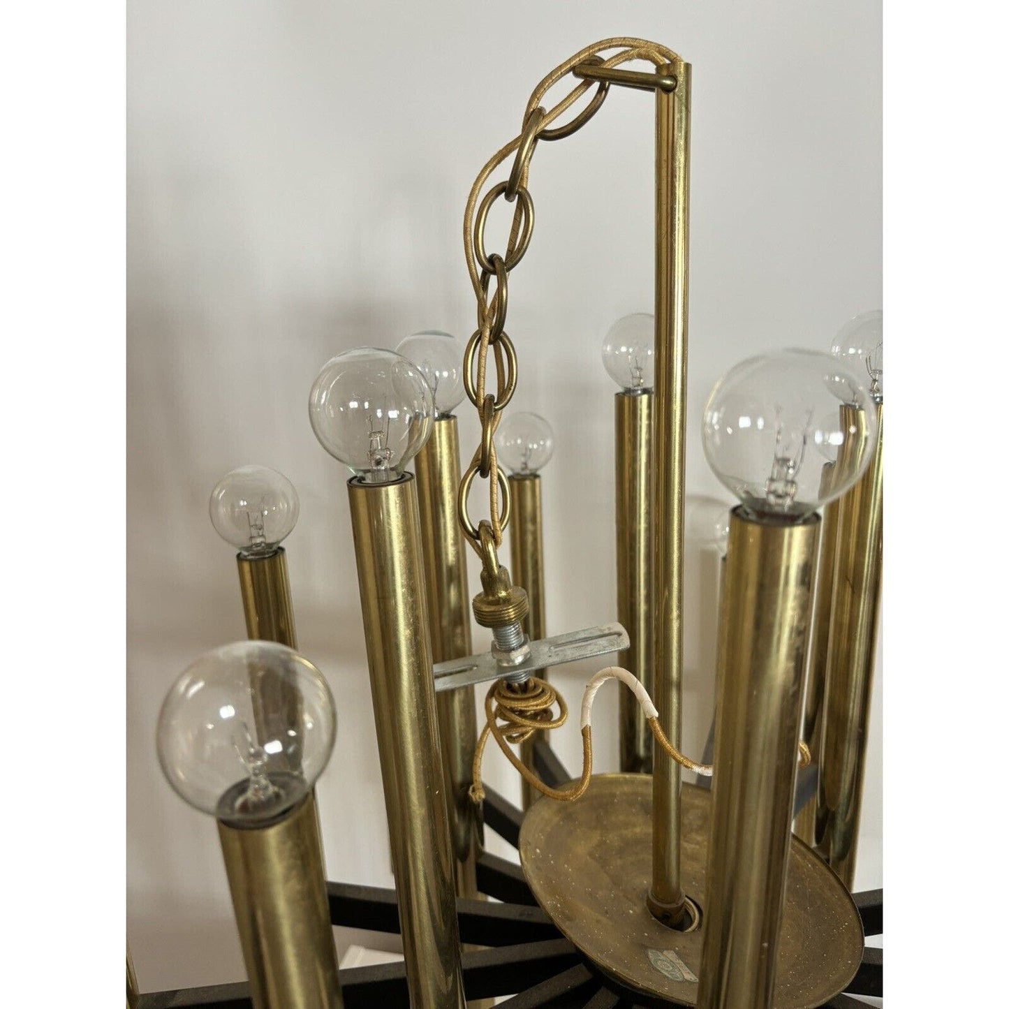 Mid Century Rectilinear Brass and Lucite 18 Tube Chandelier 1963