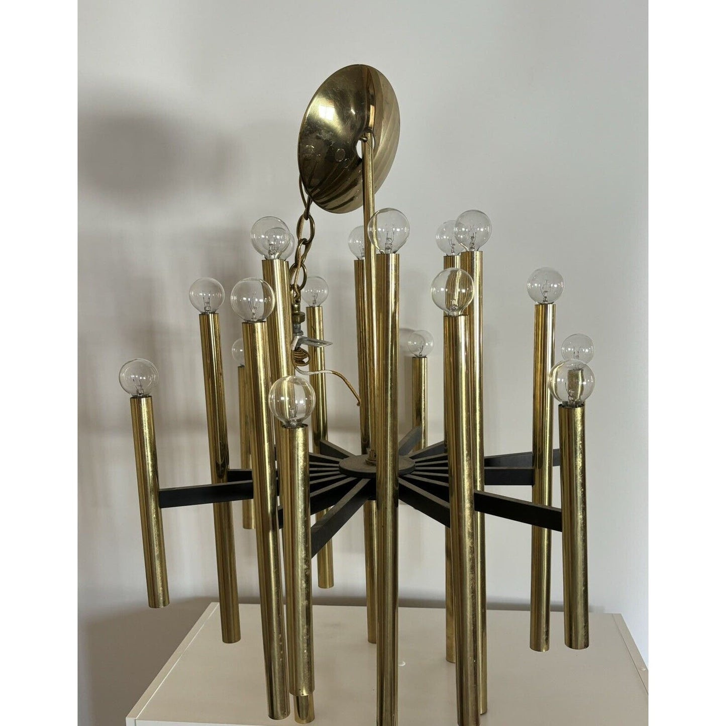 Mid Century Rectilinear Brass and Lucite 18 Tube Chandelier 1963