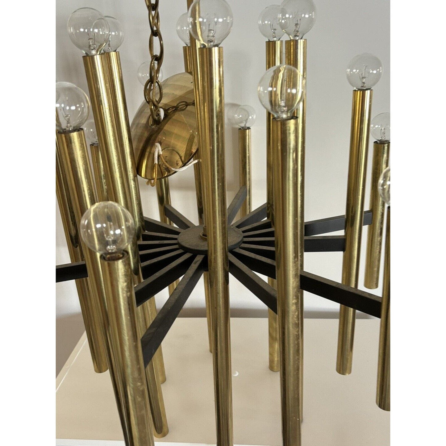 Mid Century Rectilinear Brass and Lucite 18 Tube Chandelier 1963