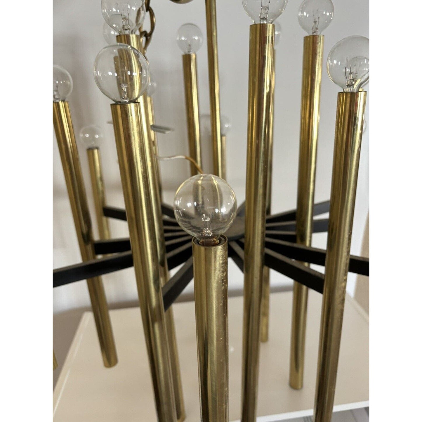 Mid Century Rectilinear Brass and Lucite 18 Tube Chandelier 1963