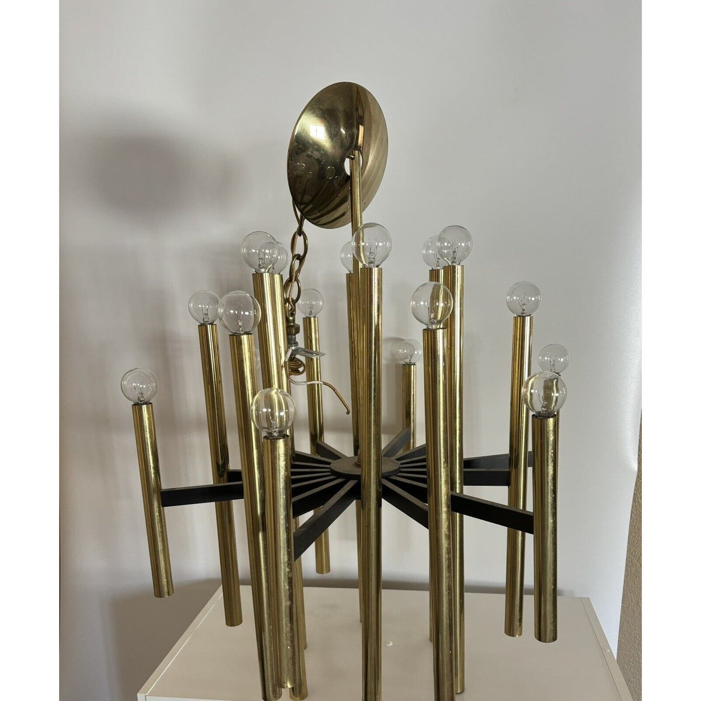 Mid Century Rectilinear Brass and Lucite 18 Tube Chandelier 1963