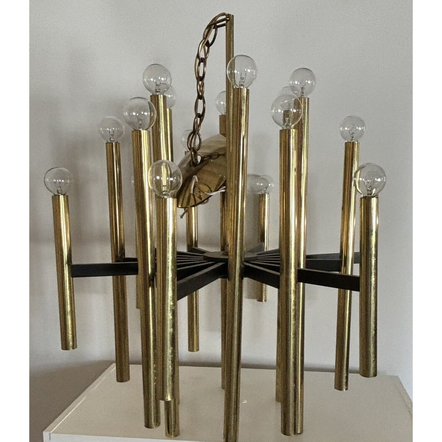 Mid Century Rectilinear Brass and Lucite 18 Tube Chandelier 1963